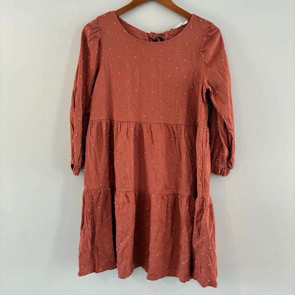 MINE Dress L Mini Tiered Babydoll Clip Dot Boho Cottage Autumn Peasant Earthy